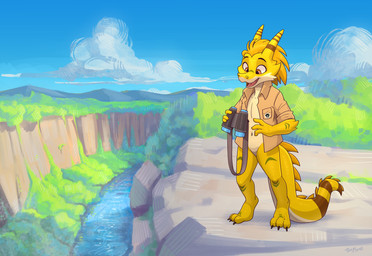 3_toes anthro barefoot binoculars bottomless canyon claws clothed clothing detailed_background digitigrade feet hair happy male open_clothing open_shirt open_topwear river scales shirt solo toe_claws toes topwear deadyoung7 furmeets_latin_america ziggy_zest iguana iguanid lizard reptile scalie absurd_res hi_res