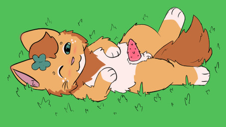 3_fingers 3_toes animal_genitalia animal_penis balls blush feet feline_genitalia feline_penis feral fingers genitals grass green_eyes looking_at_viewer lying male on_back one_eye_closed penis plant simple_background smile solo tail toes cookid honeywhisker_(jollysjambles) domestic_cat felid feline felis mammal