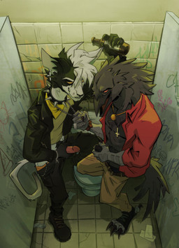 anthro anthro_on_anthro bathroom bodily_fluids bottle bottomwear clothed clothing collar container duo ear_piercing ear_ring erection eye_contact footwear genital_fluids genitals graffiti group_masturbation humanoid_genitalia humanoid_penis jacket jewelry leaking_precum leather leather_clothing leather_jacket leather_topwear looking_at_another male male/male masturbation necklace open_clothing open_topwear pants penis piercing precum pubes public_restroom restroom_stall ring_piercing spiked_collar spikes tail toilet topwear heromule avian bird domestic_cat felid feline felis mammal hi_res