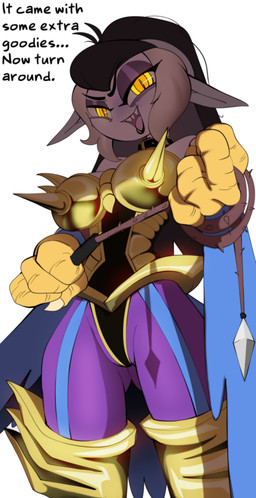 anthro armor clothing cosplay costume female leotard lipstick makeup sharp_teeth solo teeth text whip yellow_eyes tobitobi90 yu-gi-oh! harpie_lady odeth_poensis avian bird duel_monster owl absurd_res english_text hi_res