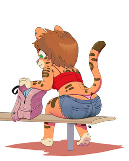 accident accidental_exposure anthro backpack bench big_butt big_eyes bottomwear breasts brown_hair brown_spots butt butt_cleavage clothing colored_edge_panties colored_edge_underwear crop_top denim denim_bottomwear denim_clothing ear_piercing ear_ring female fur g-string green_eyes hair hotpants jeans messy notebook oblivious on_bench orange_body orange_fur panties pants pattern_bottomwear pattern_clothing pattern_panties pattern_underwear piercing pink_clothing pink_nose pink_panties pink_underwear rear_view red_clothing red_shirt red_topwear ring_piercing shirt short_hair shorts shortstack shortstack_female side_boob simple_background sitting sitting_on_bench solo spots striped_bottomwear striped_clothing striped_panties striped_underwear stripes studs tail thick_thighs thong toony topwear underwear whaletail white_background thedeerzone felid feline leopardus mammal ocelot 4:5 absurd_res cel_shading hi_res shaded