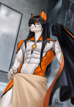 5_fingers abs anthro biped countershade_accent countershade_torso countershading fingers front_view fur hair inside male navel nude nude_anthro nude_male smile solo standing elvofirida canid canine fox mammal 2026 digital_drawing_(artwork) digital_media_(artwork) hi_res