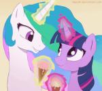 blush dessert duo female feral food hair horn ice_cream magic multicolored_hair outside purple_eyes smile akeahi szafir87 friendship_is_magic hasbro my_little_pony mythology princess_celestia_(mlp) twilight_sparkle_(mlp) equid equine mammal mythological_creature mythological_equine unicorn 2017 animated short_playtime