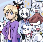 alternate_species anthro bittersweet_candy_bowl blonde_hair blue_eyes breasts clothed clothing crossgender domestic_cat featureless_breasts felid feline felis female fur group hair human humanized lieselotte low_res lucy_(bcb) male mammal taeshi_(artist) white_body white_fur white_hair