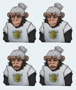 anthro big_ears black_body black_fur brown_body clothed clothing eyes_closed fangs fur green_eyes hair hair_bun looking_at_viewer male mouth_closed neck_tuft open_mouth print_clothing print_shirt print_t-shirt print_topwear shirt simple_background solo t-shirt teeth tongue topwear tuft white_hair dcayorcus dreamworks pngtuber shrek_(series) vtuber haplorhine mammal monkey primate digital_drawing_(artwork) digital_media_(artwork) hi_res shaded simple_shading