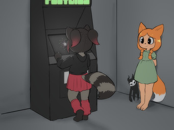 3_toes anthro arcade_machine back_of_head barefoot bottomwear clothing dress duo feet female fluffy fluffy_tail gaming grey_body hair highlights_(coloring) hoodie leg_warmers legwear markings orange_body orange_hair pigtails playing_video_game plushie red_highlights skirt smile standing striped_markings striped_tail stripes tail tail_markings toes topwear young young_female e254e polybius nina_(e254e) rebecca_lane canid canine demon fox mammal procyonid raccoon 4:3 absurd_res hi_res
