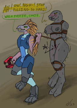2_toes 3_fingers 3_toes anthro arm_feathers arm_tuft bdsm beak blush bodily_fluids bondage bound breasts bulge clothed clothed/nude clothed_anthro clothed_male clothing dialogue digitigrade dominant dominant_anthro dominant_male duo feather_hair feathered_crest feathers feet female female_on_anthro fingers genitals gun head_crest holding_gun holding_object holding_ranged_weapon holding_weapon interspecies male male/female mandibles non-mammal_breasts nude nude_female plasma_pistol pseudo_hair ranged_weapon restrained restrained_arms restraints rope rope_bondage rope_harness submissive submissive_female sweat sweatdrop text toes tuft vulva weapon exophile halo_(series) microsoft xbox_game_studios alien avian kig-yar sangheili scalie t'vaoan 2023 english_text hi_res