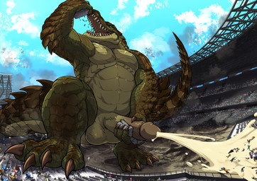 4_toes 5_fingers abs anthro balls biceps biped bodily_fluids building building_destruction building_sex city city_background city_crushing city_destruction cityscape claws crush cum cum_flooding cumshot destruction detailed_background ejaculation erection excessive_cum excessive_genital_fluids extreme_size_difference feet finger_claws fingers footprint genital_fluids genitals green_body group house humanoid_genitalia humanoid_penis hyper hyper_cum macro macro_anthro macro_male male masturbation muscular muscular_anthro muscular_male nude open_mouth oral_vore orgasm outside pawprint paws pecs penile penile_masturbation penis rampage size_difference sky solo_focus stadium stomping tail teeth toe_claws toes tongue vore tatugon carnak_(carpo) crocodile crocodilian reptile scalie hi_res