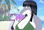 anthro big_breasts black_hair blue_body breast_envy breasts duo female female/female gills green_eyes grey_body hair long_hair non-mammal_breasts ponytail purple_eyes nuar_come_mundos daniela_sanchez michell_dominguez fish marine shark hi_res trans_(lore) trans_woman_(lore)