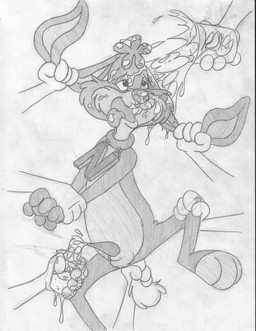 animal_genitalia anthro arm_grab arms_in_front arms_together balls bent_legs bodily_fluids collar container cum cum_in_a_cup cum_in_container cup disembodied_hand double_wrist_grab ear_grab ear_pull ejaculation erection extended_arms forced genital_fluids genitals glass grabbing_both_ears group hand_on_knee hand_on_leg hand_on_tail hand_on_wrists hands-free hands_on_ears holding_container holding_cup holding_object knee_grab leg_grab lying male mascot messy milk mostly_offscreen_character nude on_back open_mouth orgasm penis restrained sheath solo_focus spread_legs spreading tail tail_grab tapering_penis tongue tongue_out wrist_grab mizzyam nesquik nesquik_bunny lagomorph leporid mammal rabbit absurd_res graphite_(artwork) greyscale hi_res monochrome traditional_media_(artwork)