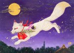 female feral fur night outside solo white_body white_fur kaho_nishikawa asian_mythology east_asian_mythology japanese_mythology mythology canid canine fox mammal red_fox true_fox hi_res traditional_media_(artwork)