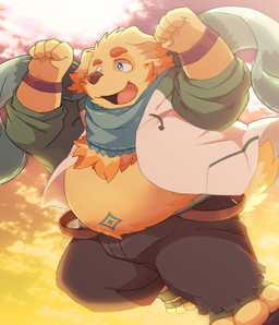 anthro bottomwear clothed clothing fluffy hoodie male scarf shorts slightly_chubby solo sunset topless topwear boar_stag144 lifewonders tokyo_afterschool_summoners cu_sith_(tas) bird_dog canid canine canis domestic_dog golden_retriever hunting_dog mammal retriever