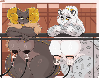 anthro areola barn big_breasts bodily_fluids breast_envy breast_milking breast_size_difference breasts cloak clothed clothing curvy_figure duo female fur genital_fluids genitals grey_body hair huge_breasts inside jewelry lactating machine milk milking_machine multicolored_body nipples non-mammal_breasts non-mammal_lactation non-mammal_nipples nude resting resting_arm smile tail thick_thighs topwear two_tone_body vulva white_hair wide_hips veksim bethesda_game_studios microsoft the_elder_scrolls the_elder_scrolls_online salty-paws felid khajiit mammal pantherine scalie snow_leopard digital_media_(artwork) hi_res