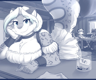 anthro armor big_breasts bracers breasts cleavage clothed clothing coin container counter dress female group huge_breasts inside jar leaning_on_counter male raised_tail tail tavern tip_jar trio infinitedge astra_(infinitedge) harry_campbell felid mammal pantherine snow_leopard 6:5 hi_res monochrome spot_color