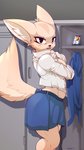 annoyed anthro bottomwear breasts cellphone clothed clothing electronics female furgonomics looking_at_viewer pencil_skirt phone shirt skirt solo tail tail_through_skirt topwear kiit0s aggretsuko sanrio fenneko canid canine fennec_fox fox mammal true_fox 2019 9:16 hi_res