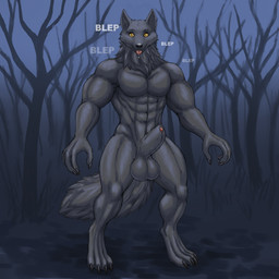 abs animal_genitalia anthro balls big_balls big_sheath black_body black_fur blep dark detached_sheath digitigrade forest fur genitals male muscular muscular_anthro muscular_male night nude pecs penis penis_tip plant playful sheath solo tongue tongue_out tree conditional_dnp cracky mythology canid canine canis mammal mythological_canine mythological_creature werecanid werecanine werecreature werewolf wolf 1:1 hi_res meme