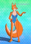 abstract_background anthro blue_clothing blue_swimwear breasts clothed clothing female fully_clothed fur naughty_face nipple_outline one-piece_swimsuit orange_body orange_fur raised_arm simple_background smile solo standing swimwear tail three-quarter_view retron64 dreamworks the_bad_guys diane_foxington canid canine fox mammal 2024 absurd_res digital_media_(artwork) hi_res portrait shaded watermark