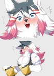 alcohol anthro barmaid beer beverage big_breasts black_body black_fur black_nose blue_eyes blush bodily_fluids breasts cleavage close-up clothed clothing costume fangs female fluffy fur hair inner_ear_fluff kemono long_hair looking_at_viewer multicolored_body multicolored_fur open_mouth pink_body pink_fur simple_background smile solo sweat teeth text tongue tuft white_body white_fur kishibe husky_(kishibe) canid canine canis domestic_dog husky mammal nordic_sled_dog spitz 2017 digital_media_(artwork) japanese_text translated