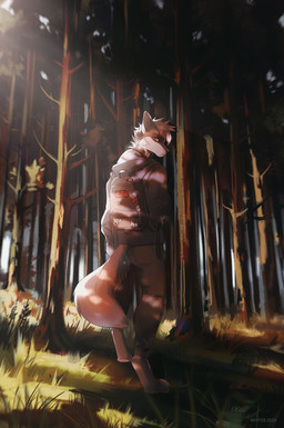 anthro backpack bottomwear clothed clothing detailed_background digitigrade eyebrows forest grass looking_at_viewer looking_back looking_back_at_viewer outside paws plant rear_view solo sticker topwear tree unknowhiter canid canine canis coyote hybrid mammal 2020 absurd_res digital_media_(artwork) hi_res