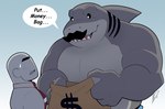 anthro bag belly claws clothed clothing dialogue duo grey_body male manly money_bag pecs teeth topless topless_male hikazedragon dc_comics king_shark fish human mammal marine shark hi_res