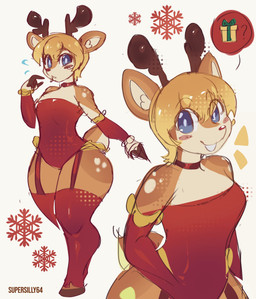 anthro antlers armwear blonde_hair blue_eyes blush blush_stickers bodysuit breasts brown_body choker clothing female garter_straps hair hooves horn jewelry legwear lighter_belly markings necklace red_armwear red_bodysuit red_clothing red_legwear red_nose red_skinsuit red_stockings skinsuit solo spots spotted_body spotted_hips spotted_shoulders stockings tight_clothing wide_hips supersilly64 rennie_(supersilly64) deer mammal new_world_deer reindeer hi_res