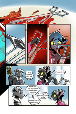 accessory anthro black_body black_fur black_hair black_suit_jacket blood bodily_fluids clothed clothed_anthro clothed_female clothed_male clothing delivery_(commerce) delivery_employee dialogue eyewear female female_anthro fur gore hair jacket male male_anthro melee_weapon necktie pink_clothing pink_jacket pink_topwear scissors short_hair sunglasses sword text topwear weapon yellow_eyes gatonejo background_character mono_(gatonejo) canid canine canis domestic_cat domestic_dog felid feline felis mammal 2025 2:3 comic digital_drawing_(artwork) digital_media_(artwork) english_text hi_res multiple_scenes