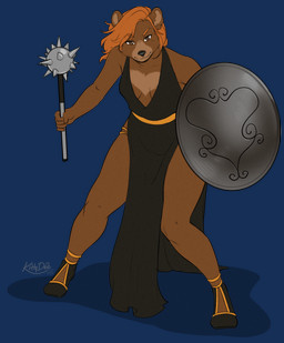 5_fingers anthro biped breasts brown_body brown_eyes brown_fur brown_hair clothed clothed_anthro clothed_female clothing dress facial_markings female female_anthro fingers footwear front_view fur hair head_markings holding_object holding_shield holding_weapon looking_at_viewer markings muzzle_(marking) shield shoes simple_background solo transparent_background weapon kittydee bear mammal 2025 alpha_channel digital_drawing_(artwork) digital_media_(artwork) hi_res