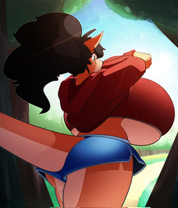 anthro big_breasts bottomwear breasts clothing female fluffy fluffy_hair hair hoodie huge_breasts hyper hyper_breasts long_tail outside plant rear_view shorts sky solo sweatshirt tail topwear tree under_boob undressing wide_hips shoolmail delilah_(jund_wabbit) macropod mammal marsupial hi_res