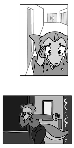 anthro black_bottomwear black_clothing bodily_fluids bottomwear clothing comic_panel covering covering_eyes covering_face crying door door_slam doorway emanata female fingers grey_clothing grey_door grey_fingers grey_hands grey_tail grey_topwear hallway hand_on_door hand_on_face opening_door pseudo_hair running_away sad scale_hair scales scaly_tail solo tail tears topwear window wiping_tears highlandkall li_(highlandkall) mammal pangolin comic hi_res monochrome