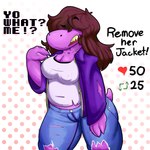 aged_up anthro areola_outline bottomwear clothed clothing dialogue eyebrow_through_hair eyebrows female gradient_background hair hair_over_eyes nipple_outline purple_body raised_eyebrow simple_background solo standing strip_game text torn_bottomwear torn_clothing translucent translucent_hair pinkmilkcookie deltarune undertale_(series) susie_(deltarune) humanoid reptile scalie 1:1 absurd_res english_text hi_res