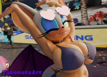 anthro arms_above_head belly big_breasts big_ears bikini blue_eyeshadow blush breasts butt cleavage clothed clothing ear_piercing eyelashes eyeshadow female glistening_eyelids green_eyes huge_breasts lips long_eyelashes makeup mascara membrane_(anatomy) membranous_wings navel navel_piercing nipple_outline one_eye_closed piercing raised_arm side_boob slightly_chubby solo swimwear tail tight_clothing two-piece_swimsuit under_boob wings wink takonataart nottanj_(modeler) sega sonic_the_hedgehog_(series) rouge_the_bat bat mammal 3d_(artwork) digital_media_(artwork) hi_res