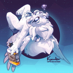 4_fingers alcohol ambiguous_gender anthro beverage drunk feathered_wings feathers fingers fur hair hooves horn open_mouth solo substance_intoxication teeth tongue white_body white_fur white_hair wings kyander unknown_species 1:1 2019 digital_media_(artwork)