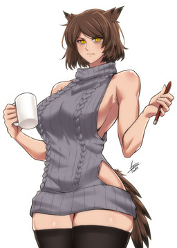 absolute_territory breasts brown_hair clothing container cup feathers female hair legwear mug short_hair sleeveless_clothing sleeveless_sweater solo sweater tail tail_feathers thigh_highs topwear turtleneck yellow_eyes airisubaka animal_humanoid avian avian_humanoid bird_humanoid humanoid owl_humanoid 2026 absurd_res hi_res