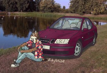 aloha_shirt amber_eyes anthro beverage black_clothing black_shirt black_topwear bottle bottomwear brown_hair car clothing container countershade_face countershading denim denim_bottomwear denim_clothing ear_tuft eyewear flower_shirt footwear fur glass_bottle hair holding_bottle holding_container holding_object jeans looking_into_the_distance male markings outside pants pattern_clothing pattern_shirt pattern_topwear photo_background pond ponytail shirt shoes short_tail sitting sitting_on_ground solo spots spotted_body spotted_fur sunglasses tail tan_body tan_fur topwear tuft vehicle ricky_arts general_motors saab felid feline humanoid lynx mammal 2024 hi_res photography_(artwork)