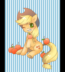 apple blonde_hair blush clothing cutie_mark female feral food fruit green_eyes hair hat headgear headwear long_hair one_eye_closed plant sitting smile solo teeth wink blackeevee friendship_is_magic hasbro my_little_pony applejack_(mlp) earth_pony equid equine horse mammal pony 2015