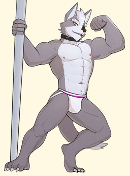 abs anthro biceps big_muscles bulge claws clothing collar countershading eye_patch eyebrows eyewear flexing fur hair jockstrap looking_at_viewer male muscular muscular_anthro muscular_male narrowed_eyes navel nipples pecs pole simple_background smile solo standing stripper_pole tuft underwear white_background white_clothing white_jockstrap white_underwear jrjresq nintendo star_fox wolf_o'donnell canid canine canis mammal wolf 2021 hi_res