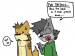 anthro brown_body brown_fur commentary dialogue duo fur grey_body grey_fur hair humor joke male tattoo text translucent translucent_hair what_has_science_done arrwulf canid canine canis mammal wolf 4:3 english_text