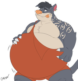 anthro arm_tattoo belly big_belly black_body black_fur chest_tuft claws clothed clothing cross-eyed ear_piercing eyebrow_piercing facial_piercing fur hair hand_on_belly hand_on_own_belly huge_belly kotarocat_(contributor) male musclegut muscular muscular_anthro muscular_male overweight overweight_anthro overweight_male pecs piercing rumbling_stomach simple_background solo sportswear standing tail tattoo teeth teeth_showing tongue tongue_out torn_clothing tuft wardrobe_malfunction white_background wrestler wrestler_costume wrestling_outfit canson kotarocat domestic_cat felid feline felis mammal digital_media_(artwork) english_description story story_in_description