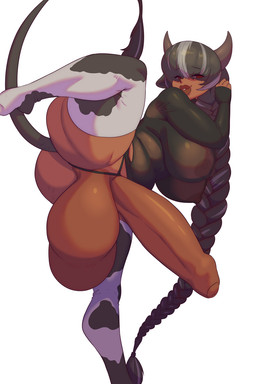 animal_print big_penis braided_hair breasts brown_body clothing cow_print genitals gynomorph hair horn huge_penis intersex legwear lips nipples penis presenting raised_leg solo tail thick_lips thigh_highs thong translucent translucent_clothing underwear juzztie animal_humanoid bovid bovid_humanoid bovine bovine_humanoid cattle_humanoid humanoid mammal mammal_humanoid 2022 2:3 hi_res