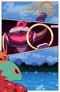 ambiguous_gender anthro biped black_sclera duo forest forest_background interrobang mask mountain_range muscular muscular_ambiguous muscular_anthro nature nature_background plant portal_ring tree water wearing_mask white_body yellow_eyes cuchuflin nintendo pokemon rey_(cuchuflin) generation_6_pokemon hawlucha hoopa hoopa_(confined) legendary_pokemon pokemon_(species) absurd_res comic hi_res