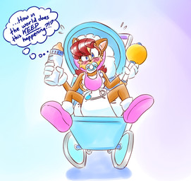 ageplay anthro baby_bottle bib blue_eyes blue_pacifier blush bonnet booties breasts brown_body brown_fur clothing diaper female fur gloves hair handwear headgear headwear holding_baby_bottle holding_rattle infantilism object_in_mouth pacifier pacifier_in_mouth pink_bib pink_bonnet pink_booties rattle red_hair roleplay safety_pin sitting_in_stroller solo stroller text thought_bubble white_clothing white_gloves white_handwear rfswitched sega sonic_the_hedgehog_(series) sally_acorn chipmunk ground_squirrel mammal rodent sciurid absurd_res hi_res