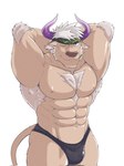 abs accessory anthro body_hair brown_body brown_fur bulge chest_hair clothed clothing fur headband male muscular muscular_anthro muscular_male nipples one_eye_closed pecs solo speedo swimwear topless wink orange-lin lifewonders tokyo_afterschool_summoners shennong_(tas) bovid bovine cattle mammal hi_res