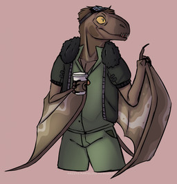 anthro beverage bottomwear clothed clothing coffee coffee_cup container cup gesture hair hand_gesture holding_container holding_cup holding_object looking_offscreen male membrane_(anatomy) membranous_wings open_mouth pointing simple_background smile solo standing tail teeth topwear tuft wings marvelous_managerie dimorphodon prehistoric_species pterosaur reptile scalie digital_media_(artwork) hi_res