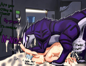 5_fingers balls bestiality big_balls big_breasts bodily_fluids breasts cum cum_everywhere cum_in_vagina cum_inside dialogue doggystyle duo electronics female feral fingers from_behind_position fur genital_fluids genitals hair human_on_feral interspecies male male/female markings messy onomatopoeia pale_skin purple_body purple_fur science_fiction scratches sex size_difference sound_effects spaceship_interior text white_hair yellow_eyes ember-shade mythology dragon furred_dragon furred_scalie human mammal mythological_creature mythological_scalie scalie hi_res