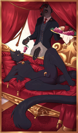 anthro balls bell bell_collar big_penis black_penis bottomless bottomless_anthro bottomless_male chastity_cage chastity_device clothed clothing collar collar_only curtains duo fainting_couch feeding food fruit fur furniture genitals grape grey_body grey_fur hair holding_object holding_plate horn humanoid_genitalia humanoid_penis long_tail male male/male notched_ear nude open_mouth penis pillow plant plate red_hair slim_anthro slim_male suit tail tongue tongue_out myoukky domestic_cat felid feline felis hyena mammal absurd_res hi_res