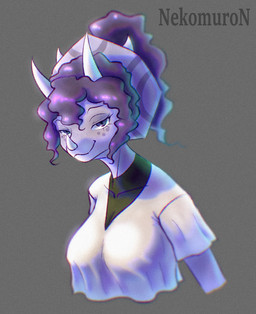 anthro big_breasts breasts clothed clothed_anthro clothed_female clothing eyelashes facial_horn female freckled_face freckles frill_(anatomy) grey_background hair half-closed_eyes horn long_eyelashes long_hair looking_at_viewer markings narrowed_eyes non-mammal_breasts purple_body purple_eyes purple_hair shirt simple_background smile solo spots spotted_face spotted_markings text topwear white_clothing white_shirt white_topwear nekomuro cavemanon_studios snoot_game sera_(snoot_game) ceratopsian ceratopsid chasmosaurine dinosaur marginocephalian ornithischian prehistoric_species reptile scalie triceratops 2024 absurd_res artist_name bust_portrait colored hi_res portrait shaded