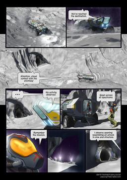 4_arms 4_eyes ambiguous_gender anthro armor clothing dialogue dialogue_box ellipsis furgonomics group headgear helmet light moon multi_arm multi_eye multi_limb space speech_bubble star tail tail_clothing text trio vehicle darth_biomech leaving_the_cradle alien raharr 2026 colored comic english_text hi_res url