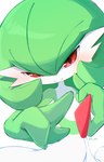 ambiguous_gender blush blush_lines green_body green_pseudo_hair looking_at_viewer pseudo_clothing pseudo_hair red_eyes simple_background solo my_6633 nintendo pokemon gardevoir generation_3_pokemon humanoid pokemon_(species) 2025 hi_res signature