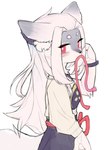 anthro asian_clothing blush clothed clothing east_asian_clothing female fully_clothed fur grey_body grey_fur hair inner_ear_fluff kemono long_hair looking_at_viewer mouth_hold red_eyes side_view simple_background solo standing touching_hair tuft white_background white_body white_fur white_hair crayon_(artist) onmyoji hakuro_(onmyoji) canid canine canis mammal wolf 2022 half-length_portrait hi_res portrait