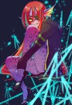 clothing eye_patch eyewear female fin footwear hair hoodie looking_at_viewer pupils red_hair scaled shoes sitting slit_pupils solo topwear yellow_sclera pipitasout undertale_(series) undyne animal_humanoid fish fish_humanoid humanoid marine marine_humanoid